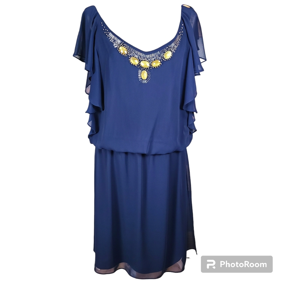 S.L. FASHIONS Size 14 Navy Blue Flutter Sleeves Yellow Jeweled V-Neckline Dress